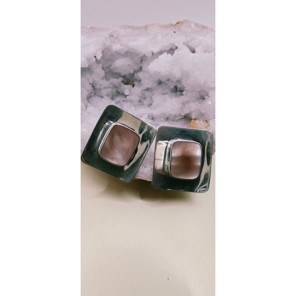 Large TAXCO Artisan Signed Pink Opal Stud Earrings.